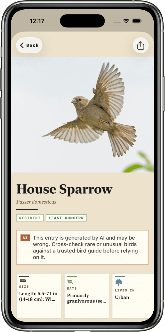 Bird Identifier app showing an identified bird